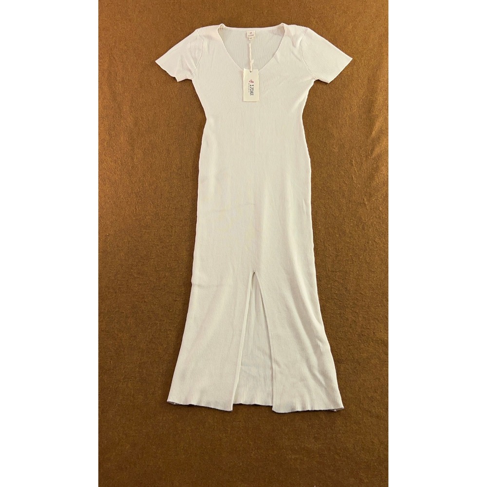 IJOAH Women Large Cream Ribbed V-Neck Short Sleeve Front Slit Maxi Dress New